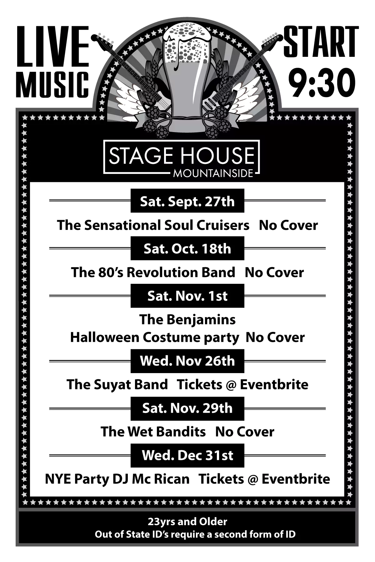 Live music schedule for Mopuintainside NJ - Over 23 please