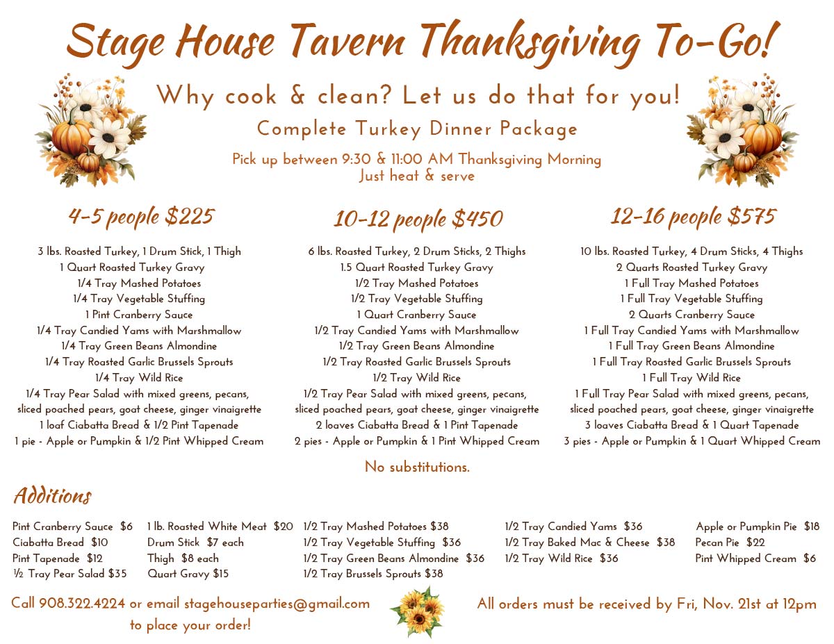 Thanksgiving dinner packages to-go from the Stage House Tavern in Scotch Plains, NJ