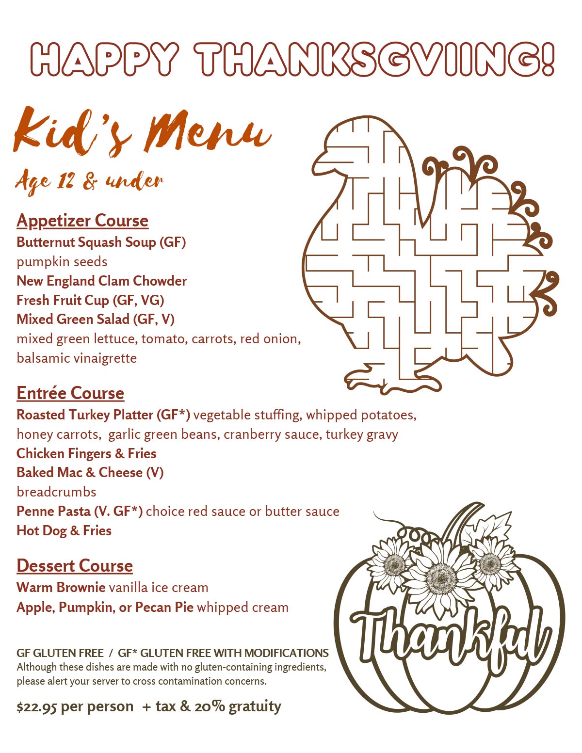 Kids' Thanksgiving Menu for Stage House Tavern in Scotch Plains, NJ