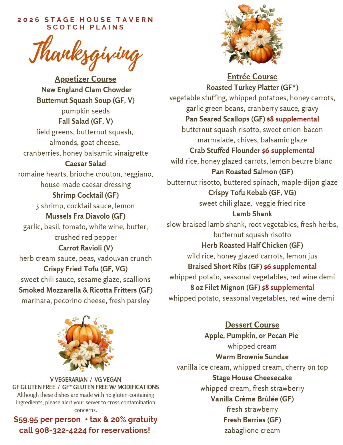 Thanksgiving menu for Stage House Tavern in Scotch Plains, NJ
