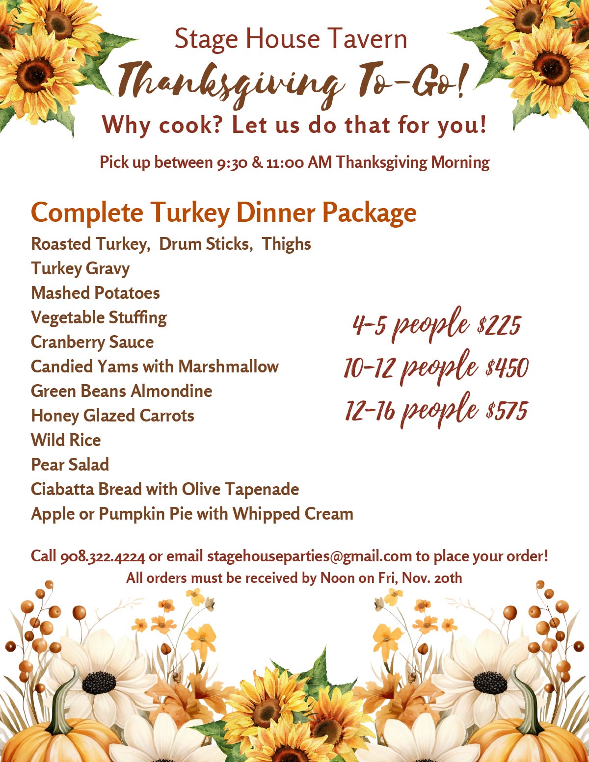 Thanksgiving dinner packages to-go from the Stage House Tavern in Scotch Plains, NJ