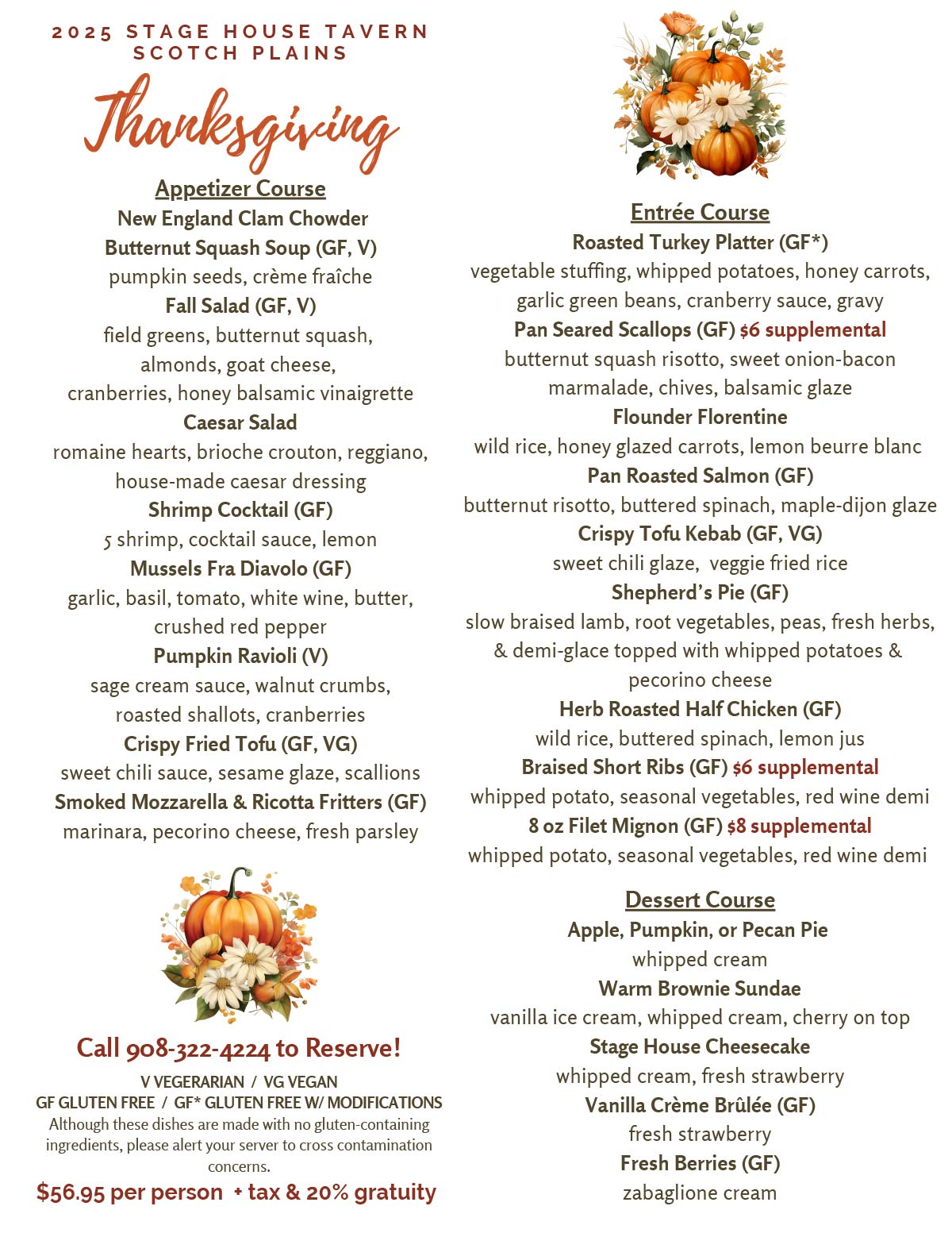 Thanksgiving menu for Stage House Tavern in Scotch Plains, NJ