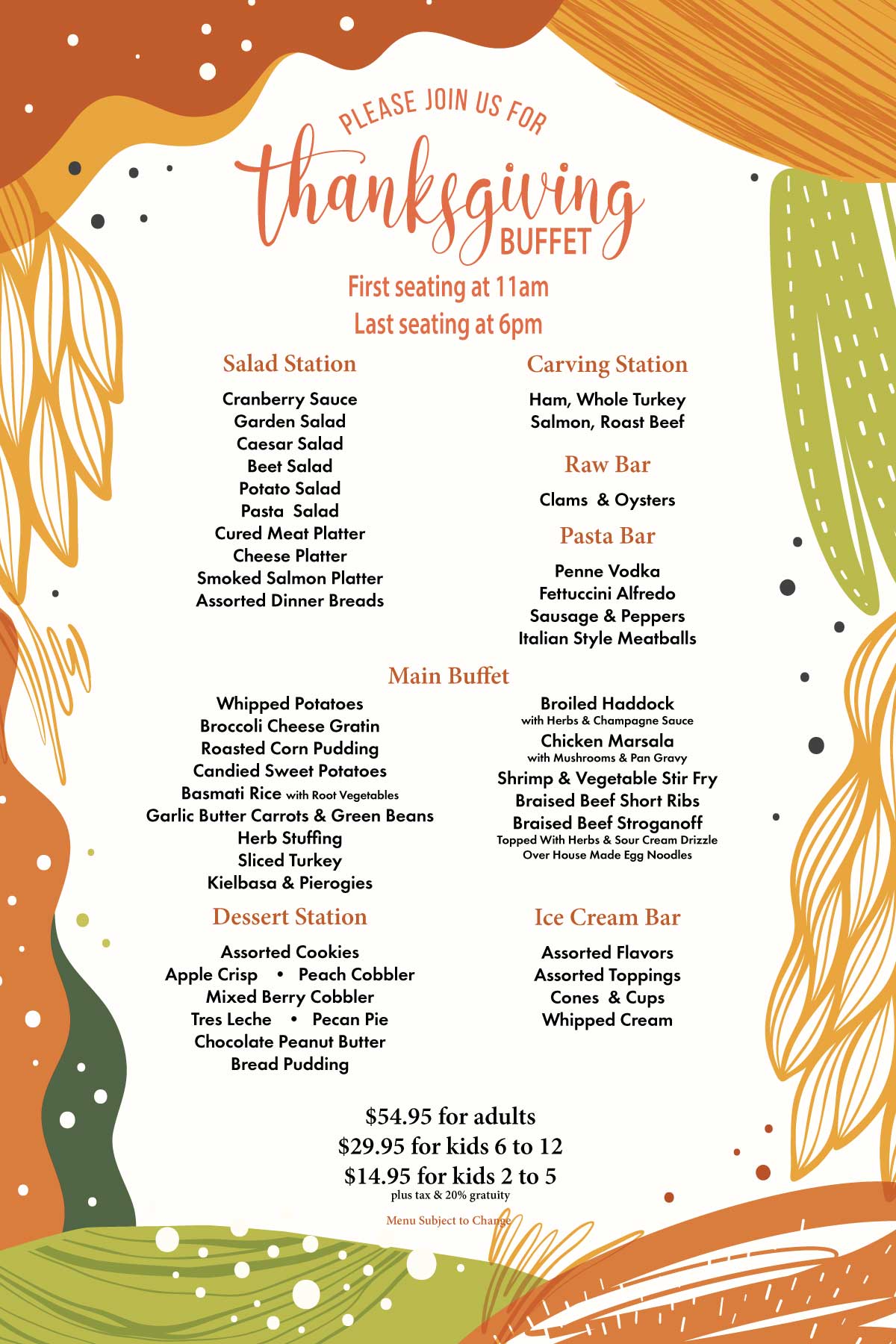 Thanksgiving menu for Stage House Tavern
