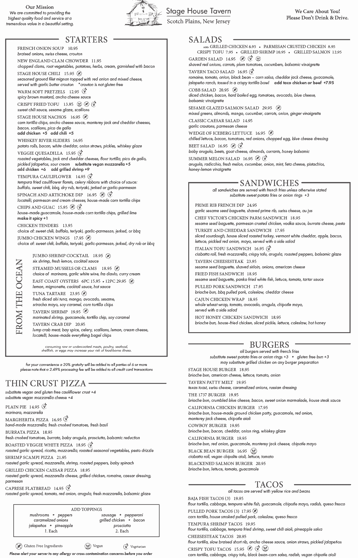 Menu for Stage House Tavern in Scotch Plains