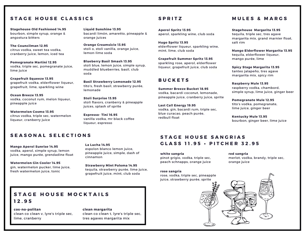 Beer and wine menu for Stage House Tavern in Scotch Plains, NJ